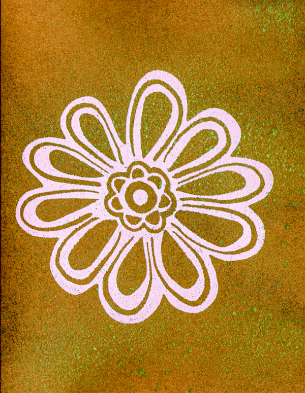 Handmade craft greeting card with pink embossed flower and green distress spray.