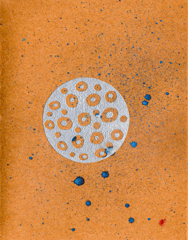 Handmade craft greeting card with silver embossed moon and blue distress spray.