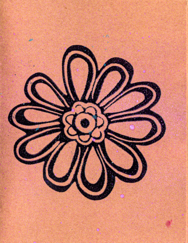 Handmade craft greeting card featuring a bold black flower design with lavender distress spray.