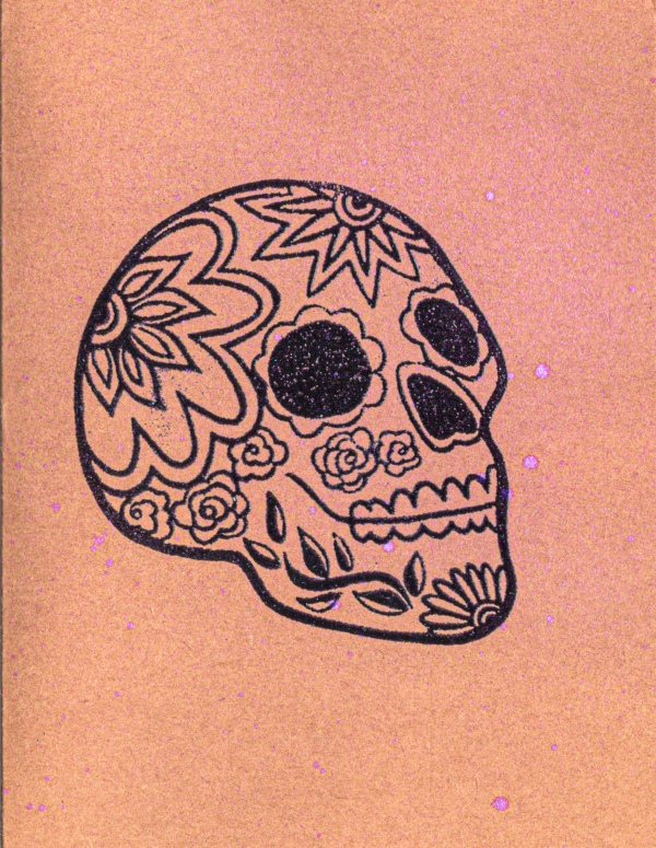 Handmade greeting card with black sugar skull design and light purple spray background by Pickle Paper.