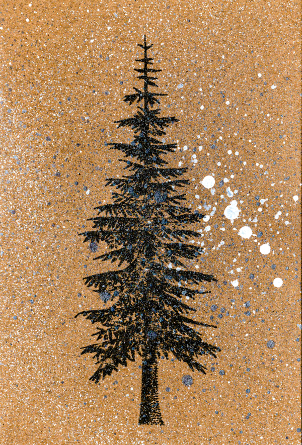 Handmade craft greeting card featuring a black pine tree with white and blue distress splatter by Pickle Paper.