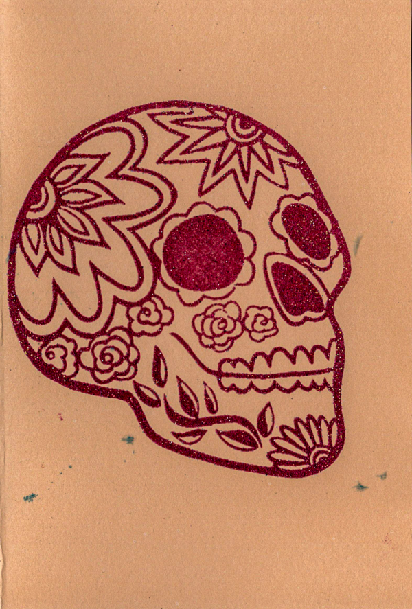 Handmade premium cardstock greeting card with red glitter sugar skull design by Pickle Paper.